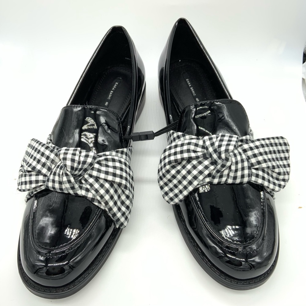 Zara gingham bow Patent leather loafer 40/9